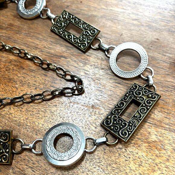 Ladies vintage Y2K chain belt textured geometric silver brass rings rectangles - Picture 4 of 6